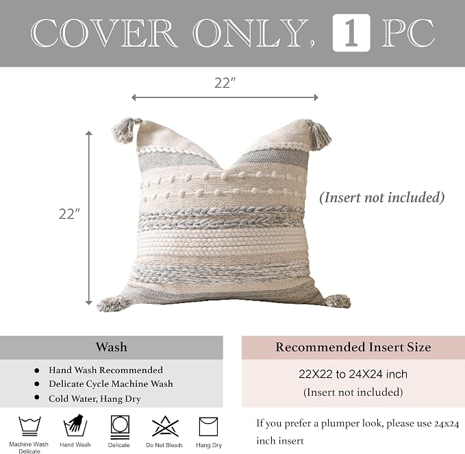 BlissBlush Gray Boho Decorative Throw Pillow Cover 22x22 Square Farmhouse - Image 4