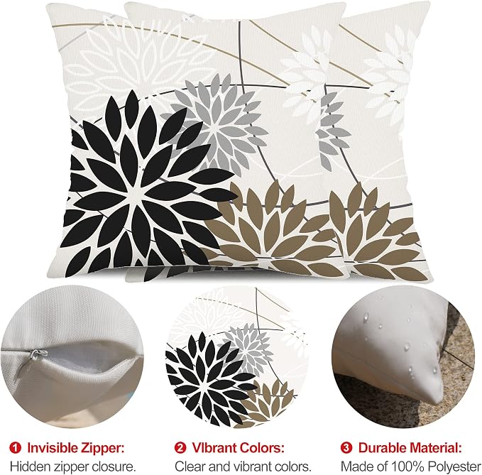 DFXSZ Black Brown Outdoor Pillow Covers 18x18 Inch Set of 2 White Gray Flower - Image 6