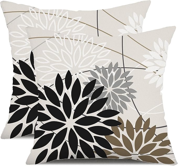 DFXSZ Black Brown Outdoor Pillow Covers 16x16 Inch Set of 2 White Gray Flower by DFXSZ