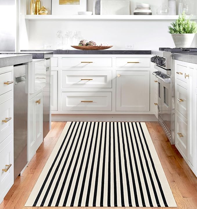 IOHOUZE Black Beige Striped Rug -4'x6' Front Door Rugs Outdoor, Washable Area - Image 2