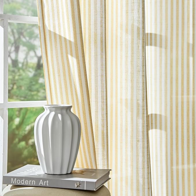 jinchan Linen Curtains for Living Room Yellow Vertical Striped on White - Image 9