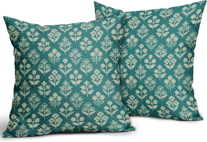 Teal Floral Pillow Covers 22x22 Inch Set of 2, Vintage Flower Block Print - Image 2