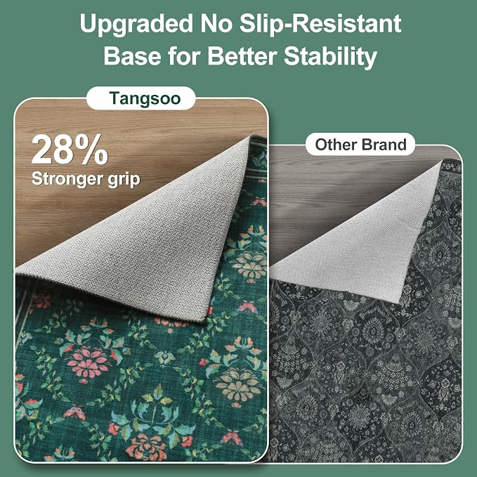 Tangsoo 2x3 Small Washable Entry Rug, Non Slip Green Floral Throw Area Rugs - Image 4