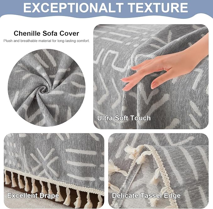 VClife Boho Gray White Couch Cover Plush Soft Chenille Couch Cover - Image 2