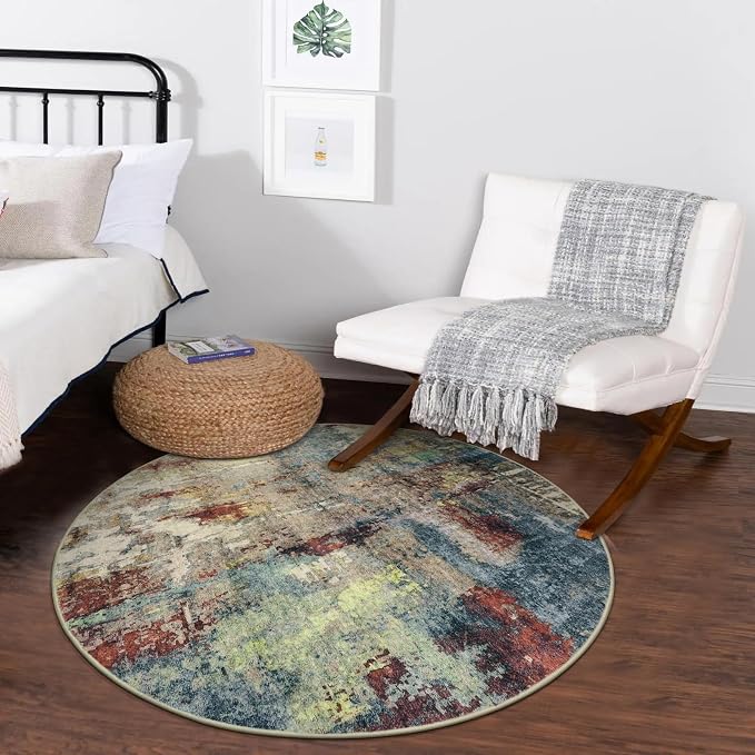 Lahome Modern Abstract Round Rug - 3Ft Small Red Washable Kitchen Round Area - Image 3
