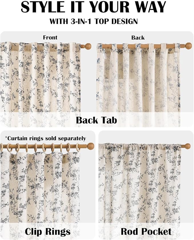Lazzzy Black Floral Linen Curtains 63 Inch Farmhouse Back Tab Drapes - Image 4
