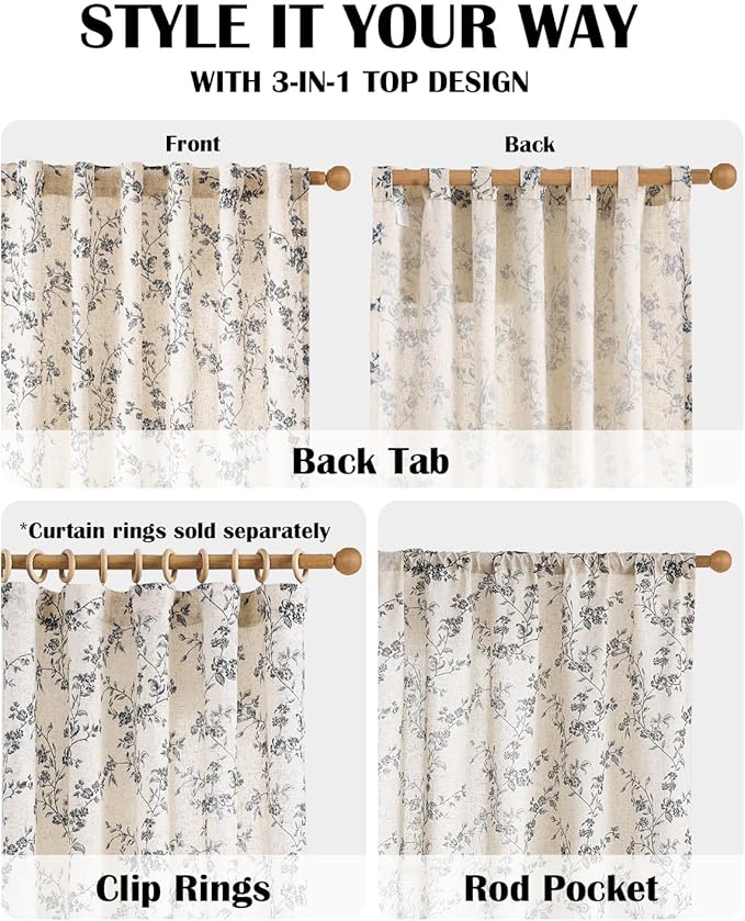 Lazzzy Black Floral Linen Curtains 96 Inch Farmhouse Back Tab Drapes - Image 4