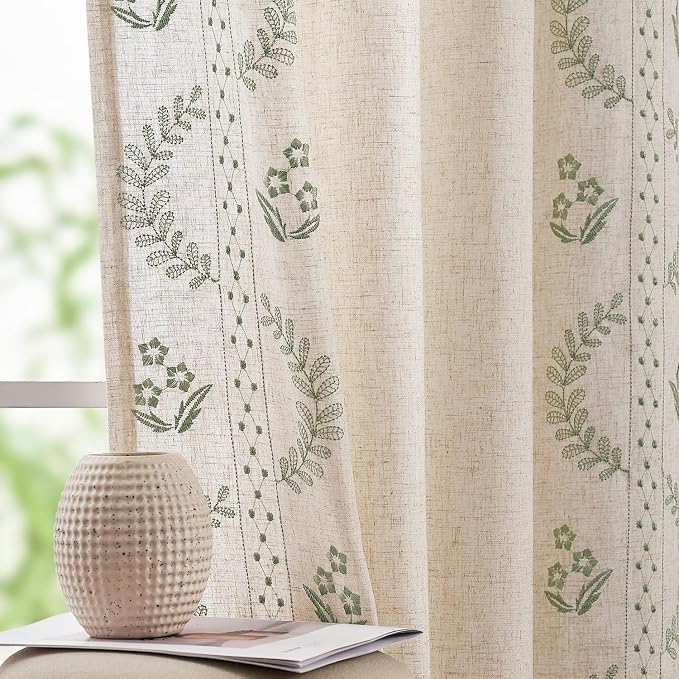jinchan Belrose Linen Curtains for Bedroom Floral Curtains 84 Inch Length Linen by JINCHAN