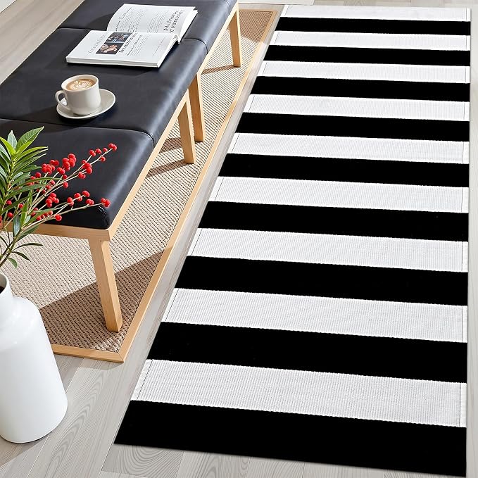 OLANLY Black and White Striped Rug 2' x 6' – Washable Cotton Indoor Outdoor by OLANLY