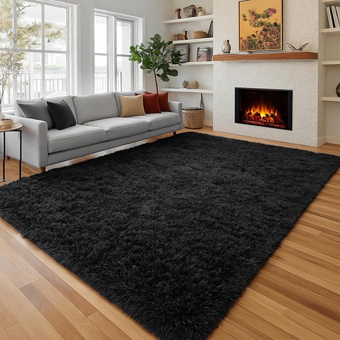 PAGISOFE Black Fluffy Shag Area Rugs by PAGISOFE