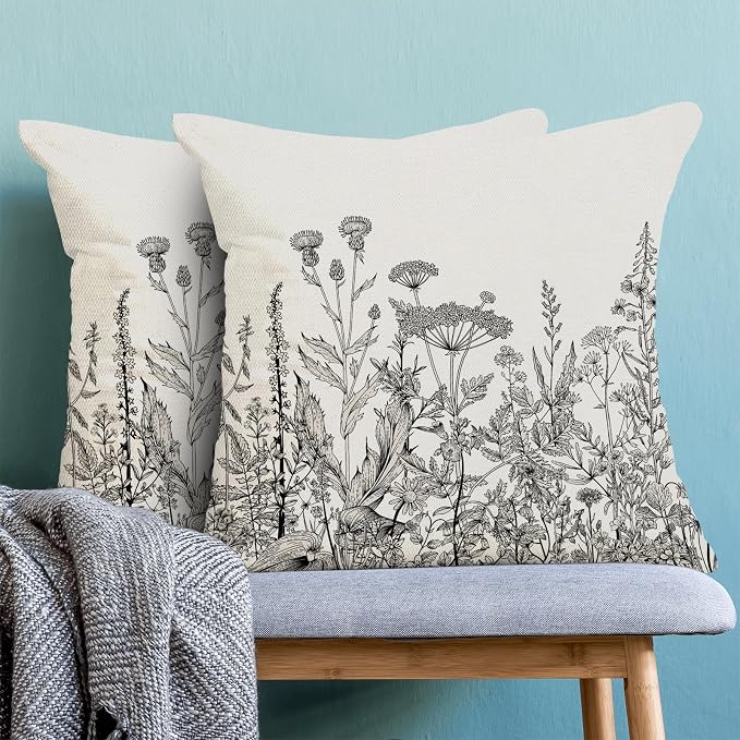 AEIOAE Black White Gray Pillow Covers 16x16 Inch Set of 2, Spring Wildflower - Image 2