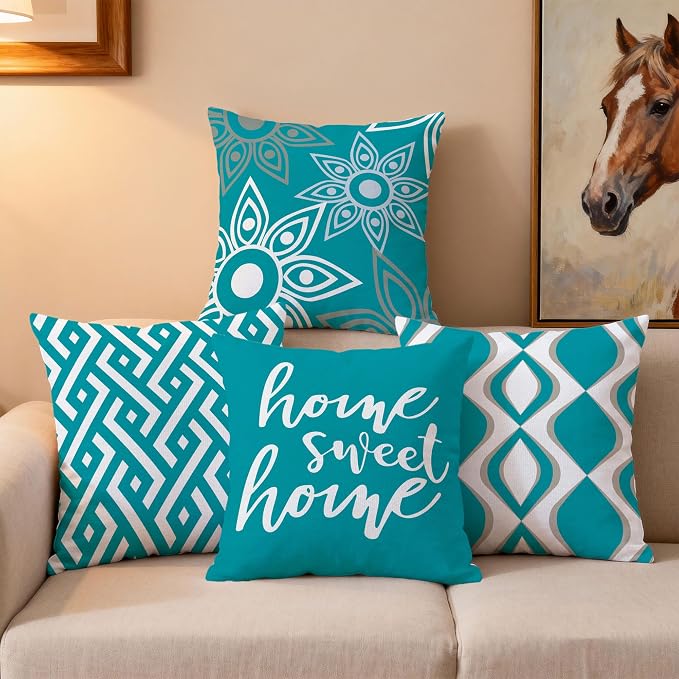 Hexagram Teal Geometric Pillow Covers 18x18 Set of 4, Decorative Outdoor Modern - Image 7