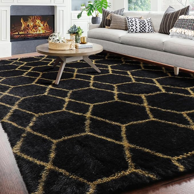 ONASAR 8x10 Area Rugs for Living Room, Fluffy Black and Gold Bedroom Rug - Image 3