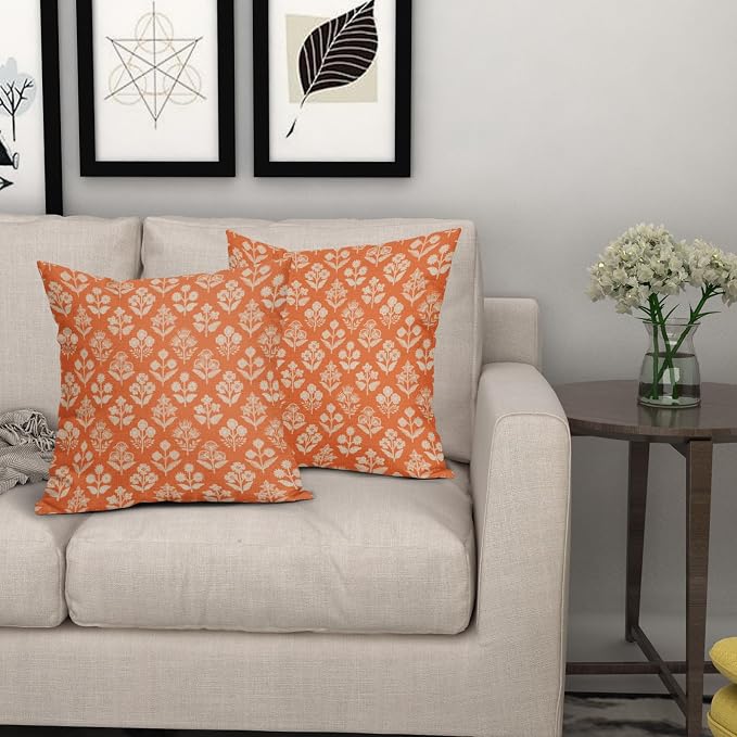 Orange Floral Block Print Pillow Covers 20x20 Inch Set of 2, Vintage Flower - Image 7