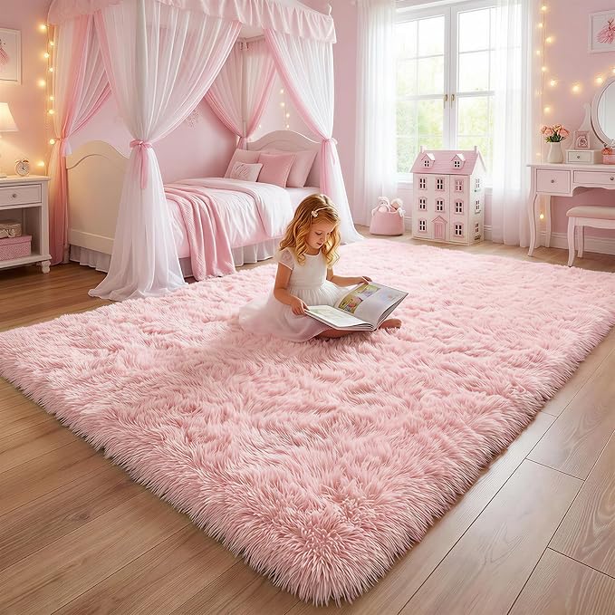 Amdrebio Pink Bedroom Rug 3x5 for Girls Room, Fluffy Plush Bedside Area Rugs - Image 5