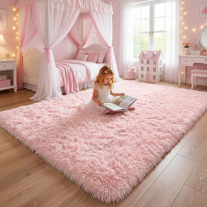 Pink Area Rugs for Bedroom Girls, Living Room Decor, Fluffy Fuzzy Shag Rug 4x6 - Image 7