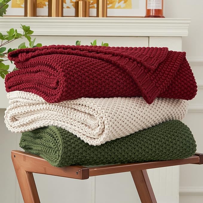Longhui bedding Chunky Cable Knit Throw Blanket Lightweight Burgundy 100% by LongHuiBedding