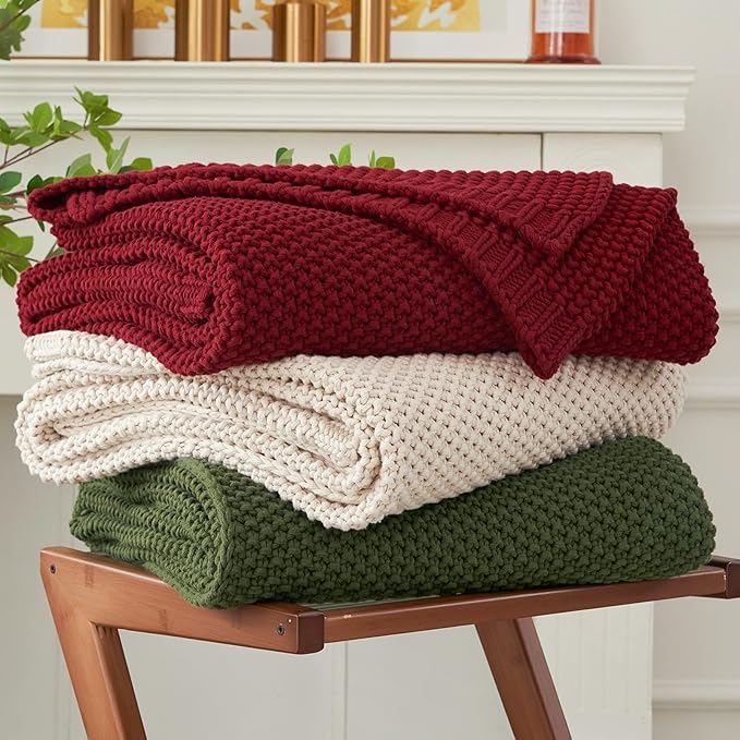 Chunky Cable Knit Throw Blanket Lightweight Wine red 100% Organic Cotton Blanket by LongHuiBedding