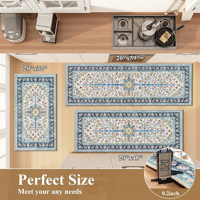 HEBE Boho Kitchen Rugs Sets of 3 Non Slip Washable Farmhouse Kitchen Rugs and - Image 2