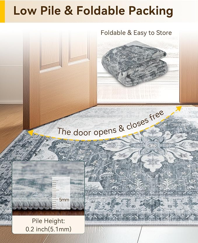 Area Rugs 7'x9' Washable Non-Slip, Floral Vintage Distress Print Pattern - Image 5
