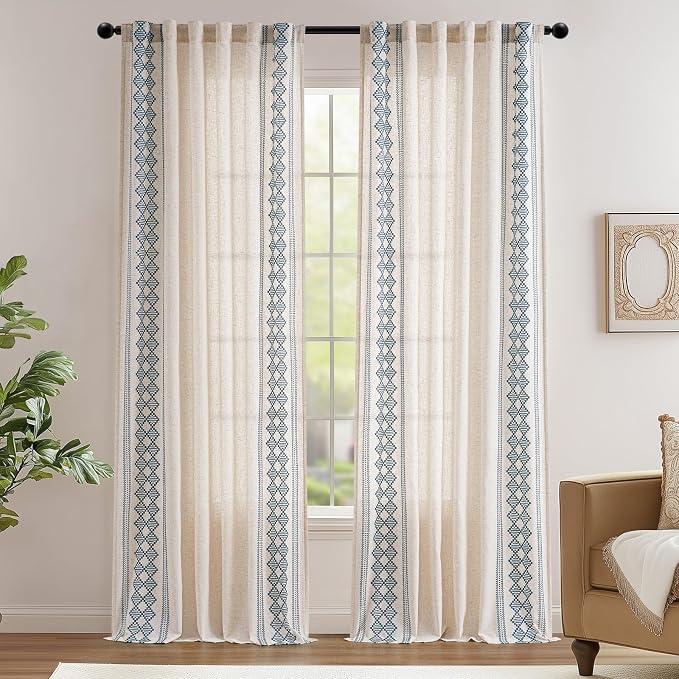 jinchan Boho Curtains Linen Blend Beige Farmhouse Curtains 96 Inches Long - Image 2