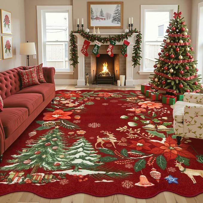 Lahome Floral Christmas Rugs for Living Room, Washable Christmas Rug 8x10 Under by Lahome