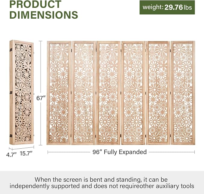 Folding Wood Room Divider Panel, 67 Inch Tall Daisy-Carved Privacy Screen - Image 4