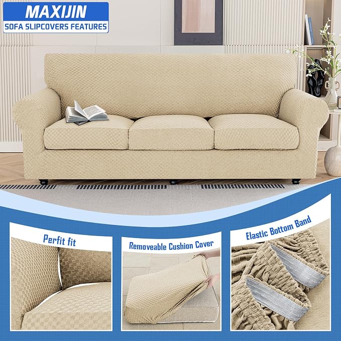MAXIJIN 4 Piece Couch Covers for 3 Cushion Couch Super Stretch Non Slip Couch - Image 3