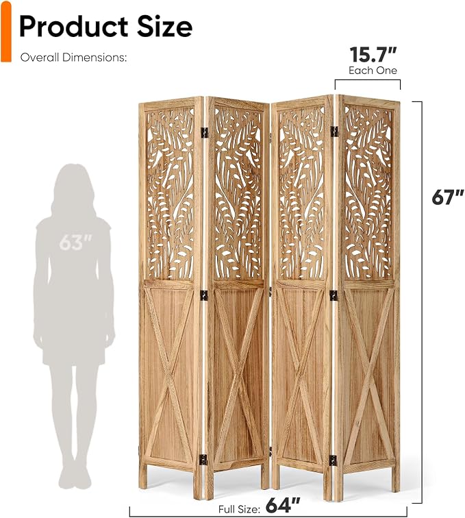 Boho Room Divider with Leaves Carving, 4-Panel Openwork Wood Screen, Decorative - Image 2