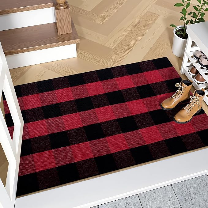 OLANLY Buffalo Plaid Rug 2' x 3' – Red and Black Cotton Checkered Doormat - Image 7