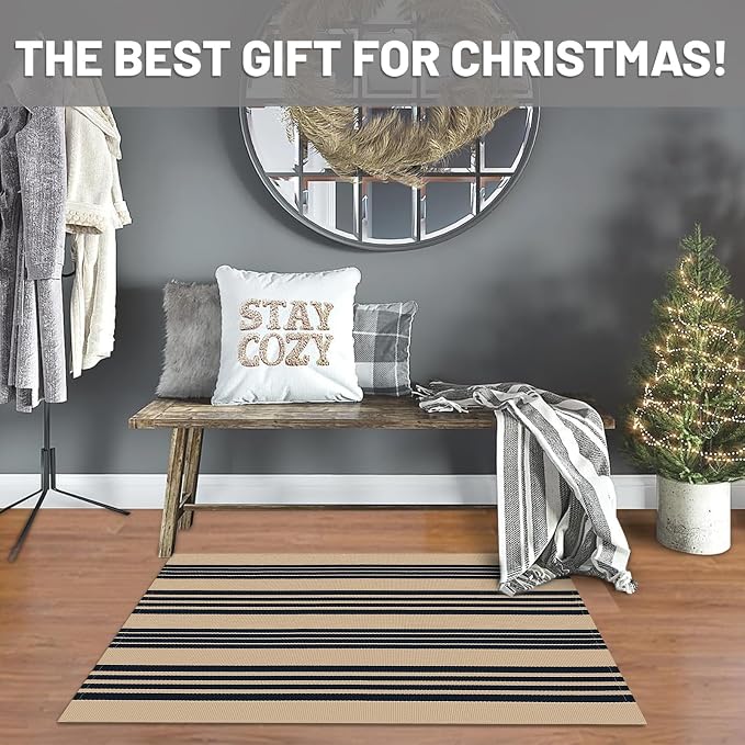IOHOUZE Black and Tan Striped Rug 2'x3' Front Door Rugs Outdoor, Small Washable - Image 9