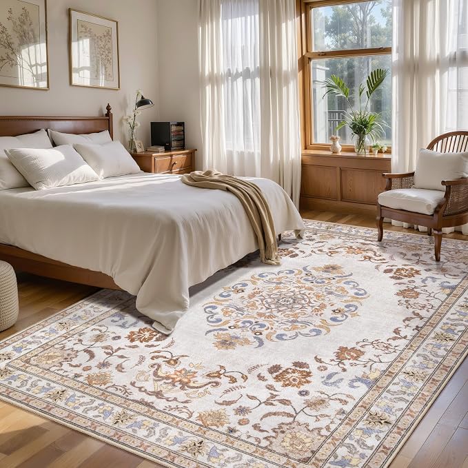 Tangsoo Washable Area Rugs 3x5 Non Slip, Boho Vintage Beige Neutral Throw Rug - Image 2