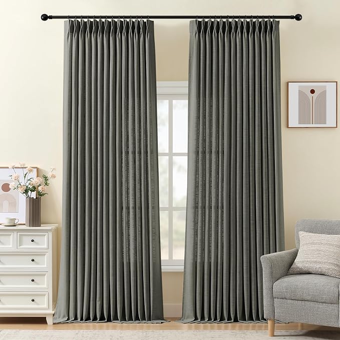 96 Inch Linen Curtains for Living Room, Pinch Pleated Semi Sheer Curtain Rustic by IVAPUPU