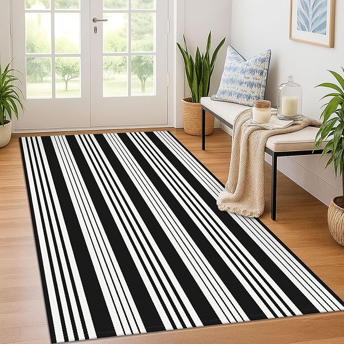 KOZYFLY Black and White Striped Outdoor Rug 4x6 Ft Area Rug Washable Indoor by KOZYFLY