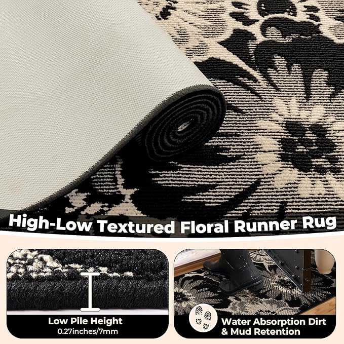 Findosom Hallway Runner Rug 2x8, Non Slip High-Low Textured Floral Washable - Image 4