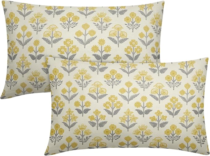 Yellow Grey Gray Floral Pillow Covers 12x20 Inch Set of 2, Block Print Lumbar by Sivirary