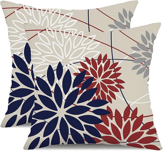 DFXSZ 4th of July Pillow Covers 16x16 Inch Set of 2 Patriotic Blue Red Floral by DFXSZ