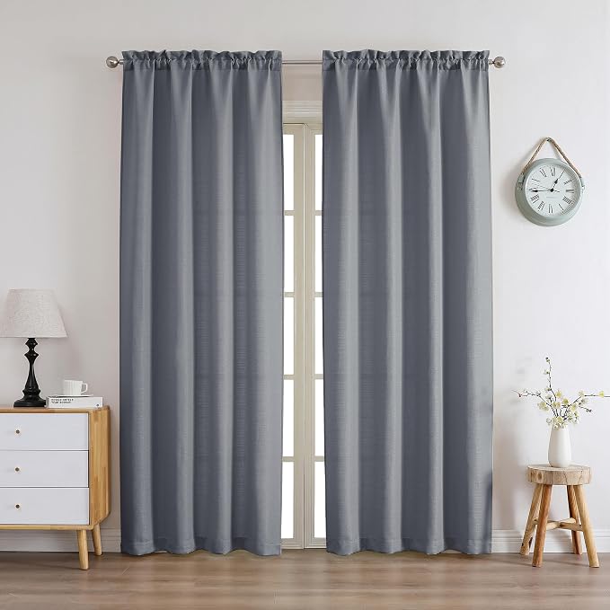 Chyhomenyc Dark Grey Curtains 72 Inch Length 2 Panels Set, Faux Linen Textured - Image 2