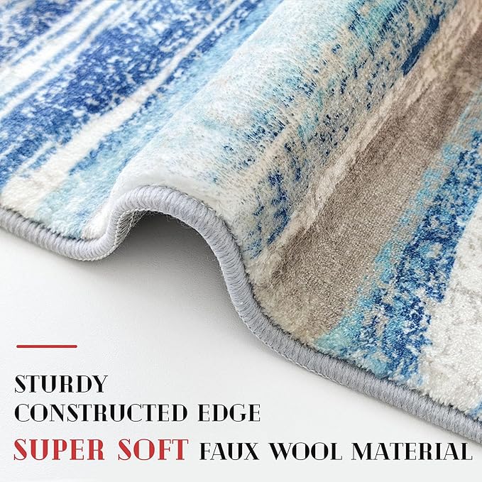 Lansny Modern Abstract Kitchen Rug Set of 2, 2x3 and 2x6 Blue Washable Rug - Image 4