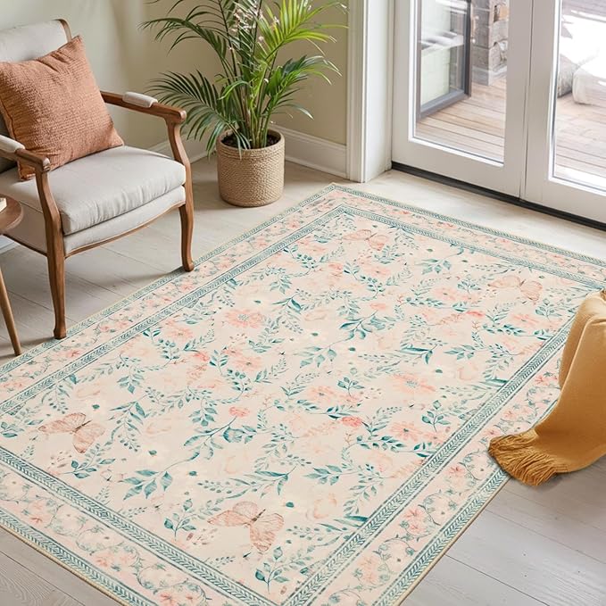 Rugxara Floral Entryway Rug, 3x5 Washable Area Rug, Non Slip Low Pile Small by Rugxara