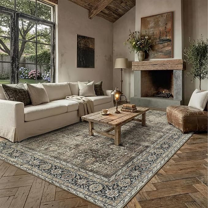 PureCozy Vintage Area Rug 8x10 Brown Washable Living Room Large Carpet Non Slip - Image 3