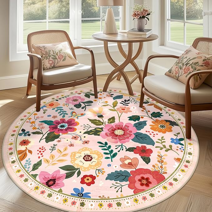 RELEANY Floral Nursery 4ft Area Rugs Washable Print Boho Cute Carpet Non Slip - Image 9