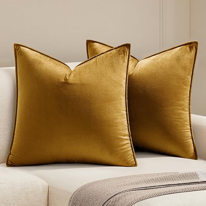 MIULEE Mustard Yellow Velvet Throw Pillow Covers 20x20 Soft Decorative Solid by MIULEE