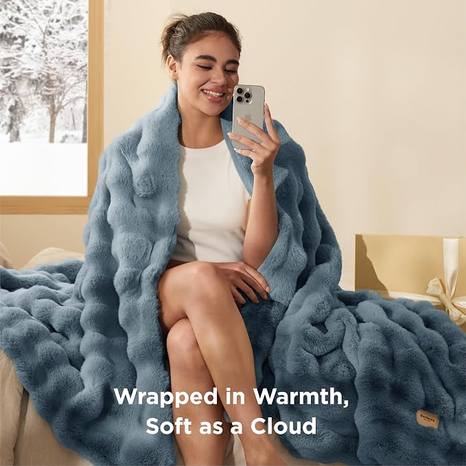 Bedsure GentleSoft Fluffy Fuzzy Greyish Blue Throw Blanket, Soft Cozy Fleece - Image 2
