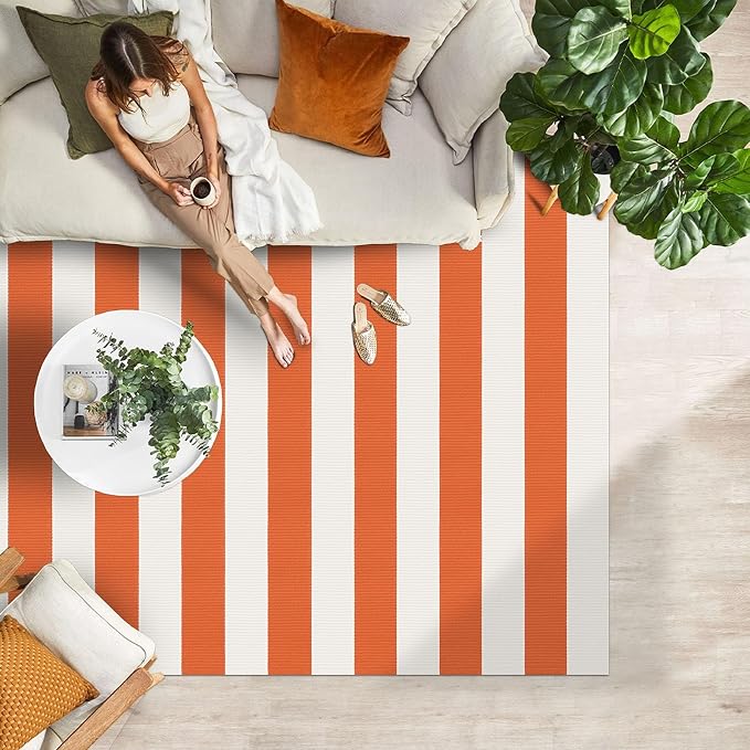 IOHOUZE Fall Door mat 4x6 Ft Orange White Striped Area Rug Washable Front Porch - Image 3