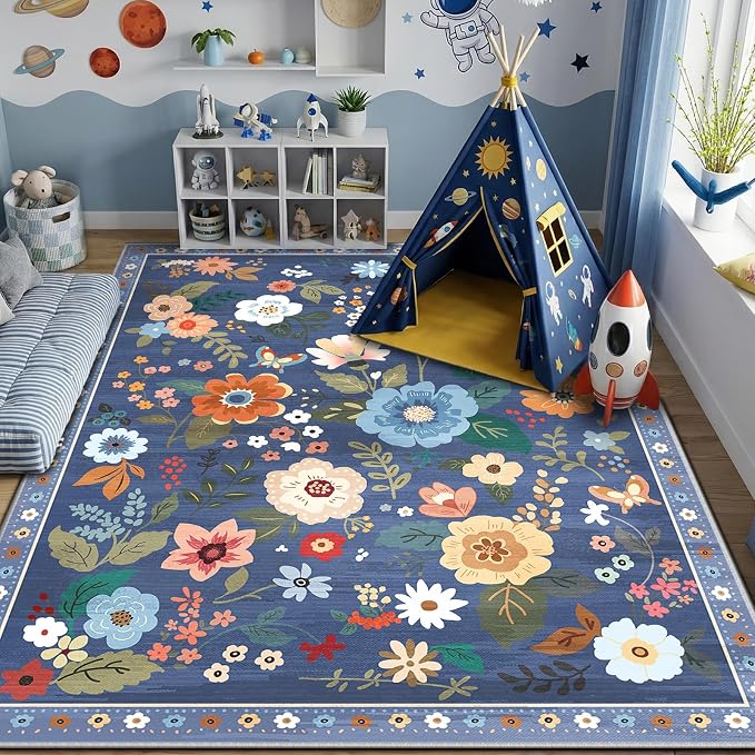 RELEANY Floral Nursery 6x9 Area Rugs Washable Print Boho Cute Carpet Non Slip by RELEANY