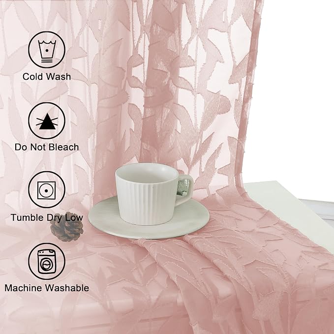 Lecloud Leia Clip Leaf Pink Sheer Curtains 63 Inch Length 2 Panels, Dual Rod - Image 9