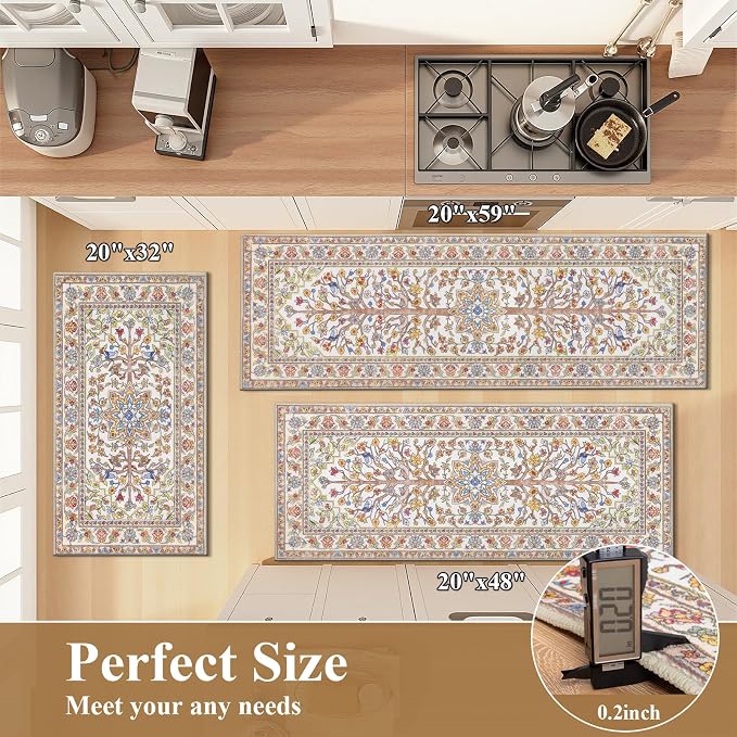 HEBE Boho Kitchen Rugs Sets of 3 Non Slip Washable Farmhouse Kitchen Rugs and - Image 3