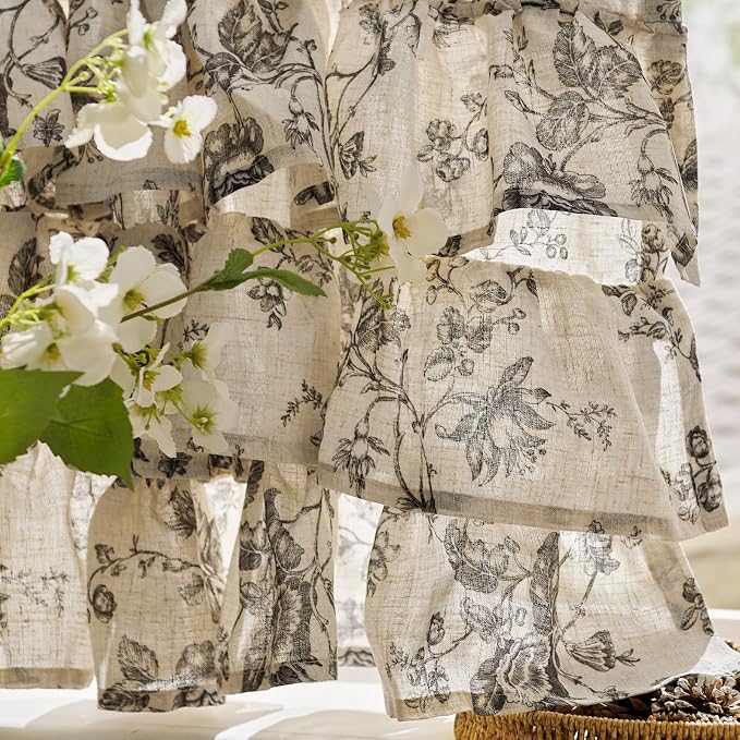 jinchan Amlie Ruffled Floral Valance Curtain Shabby Chic Linen Kitchen Valance - Image 9