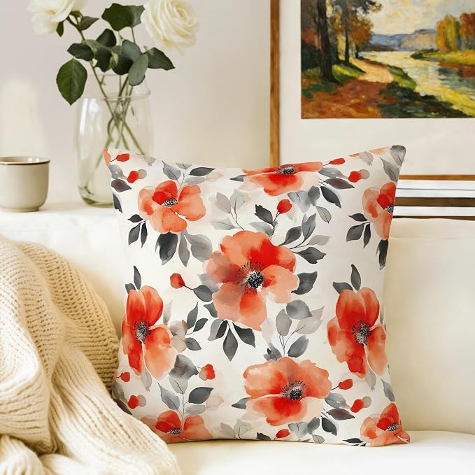 Burnt Orange Watercolor Floral Throw Pillow Covers 18x18 Set of 2, Spring Black - Image 4